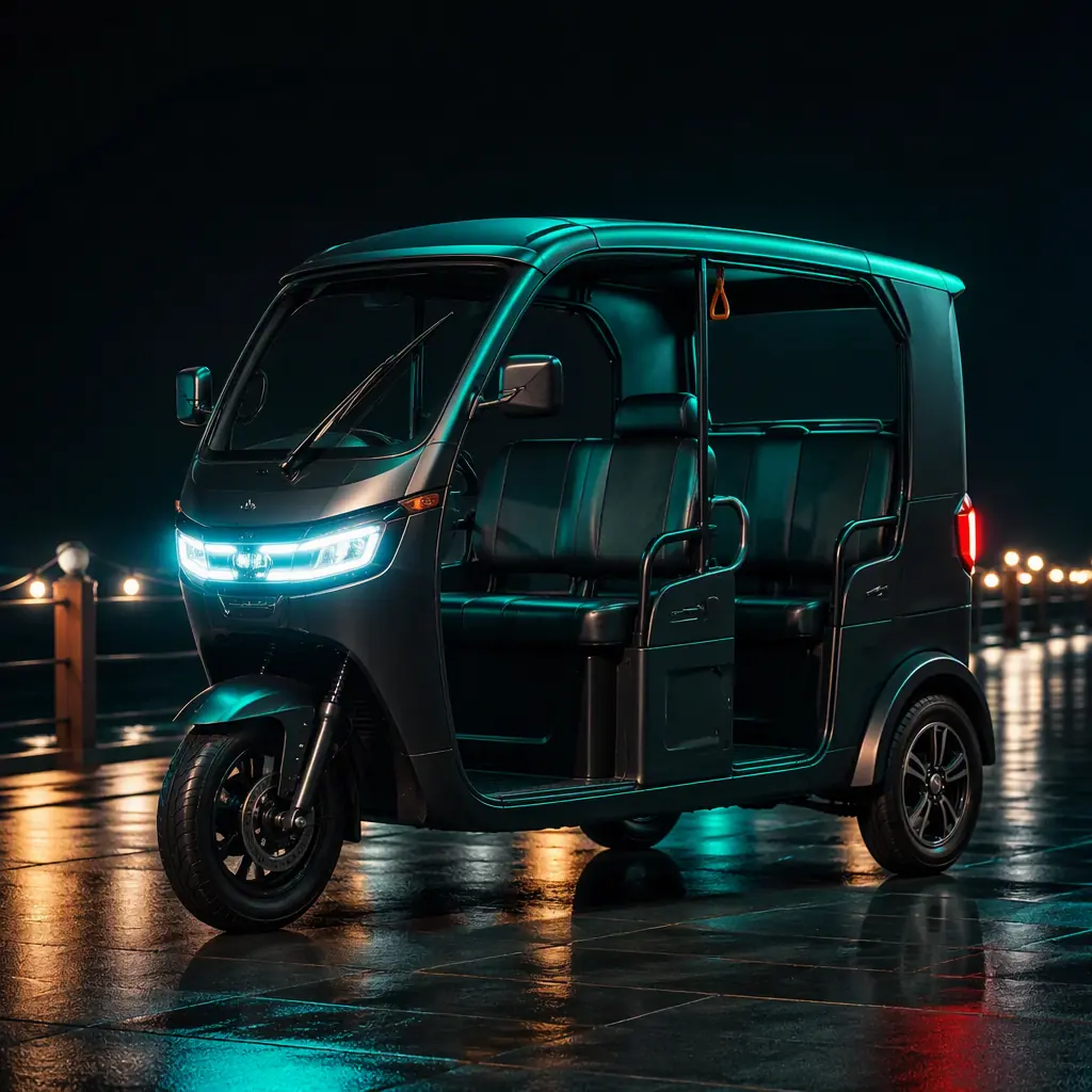 Passenger electric tricycle with LED lights driving along a beach promenade at dusk