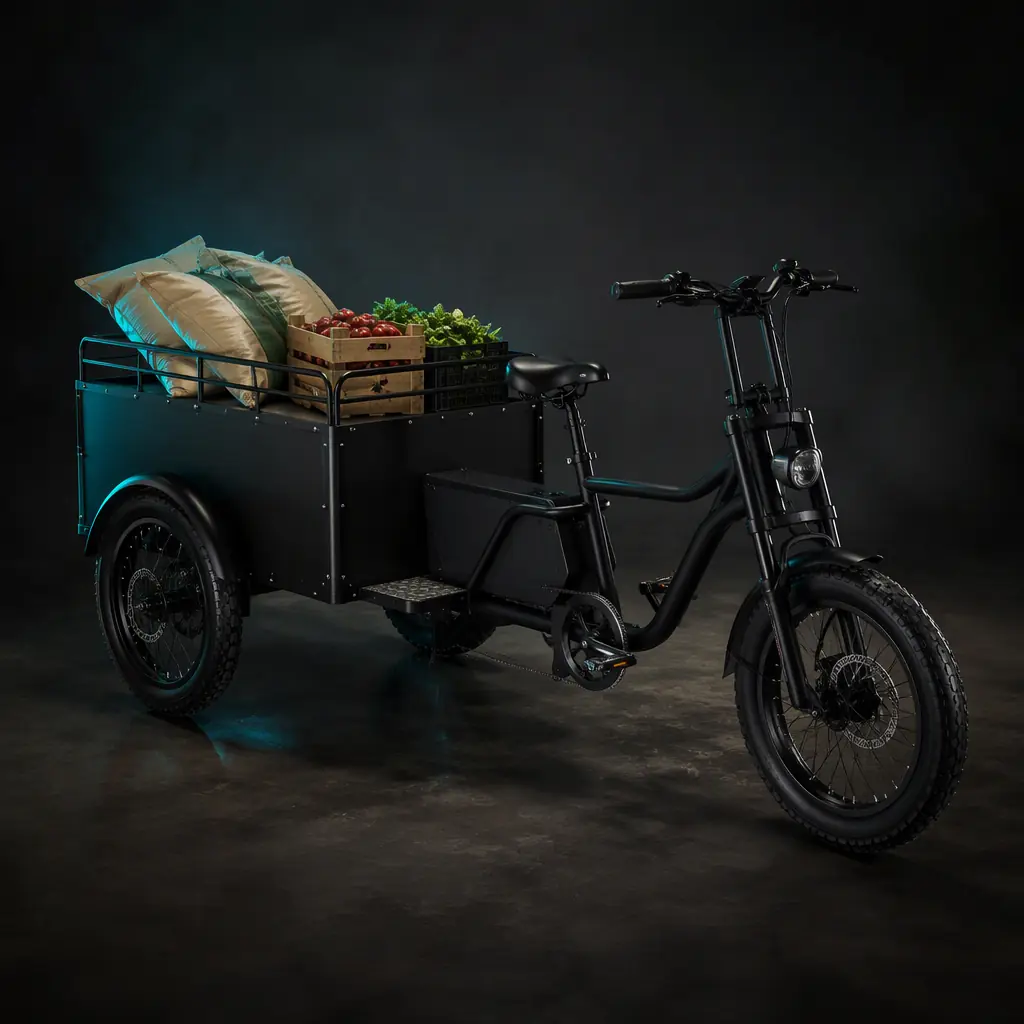 Electric cargo tricycle with a loaded box trailer parked beside a barn at a small farm