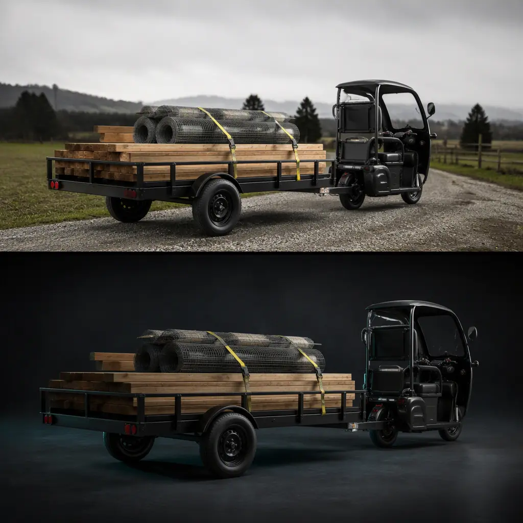 Flatbed trailer hitched to an electric cargo tricycle loaded with lumber on a rural driveway
