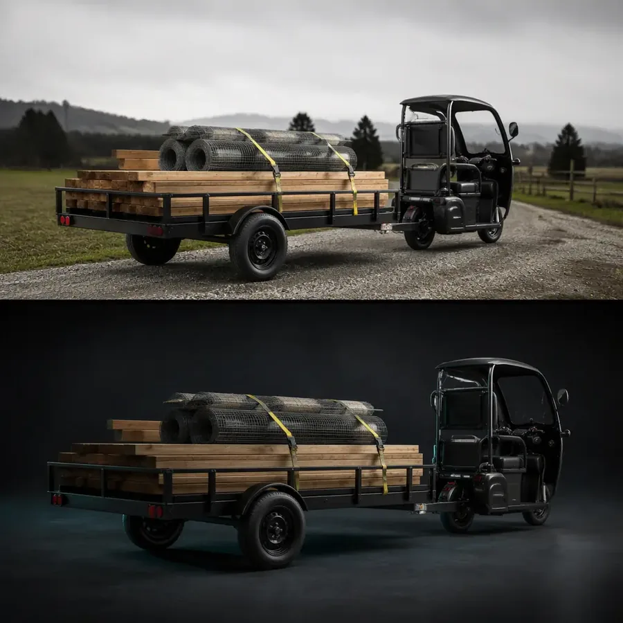 Flatbed trailer hitched to an electric cargo tricycle loaded with lumber on a rural driveway