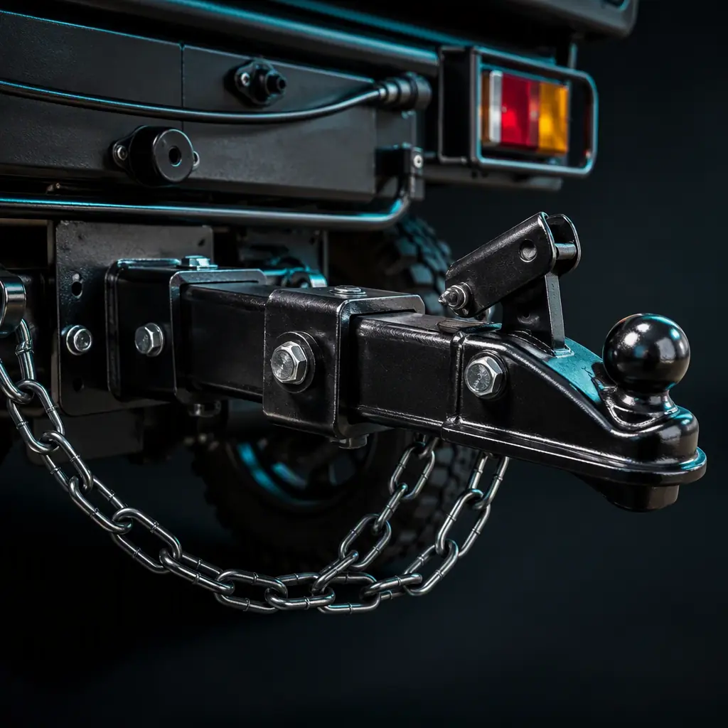 Close-up of a reinforced tow hitch and coupler on the rear frame of an electric cargo tricycle
