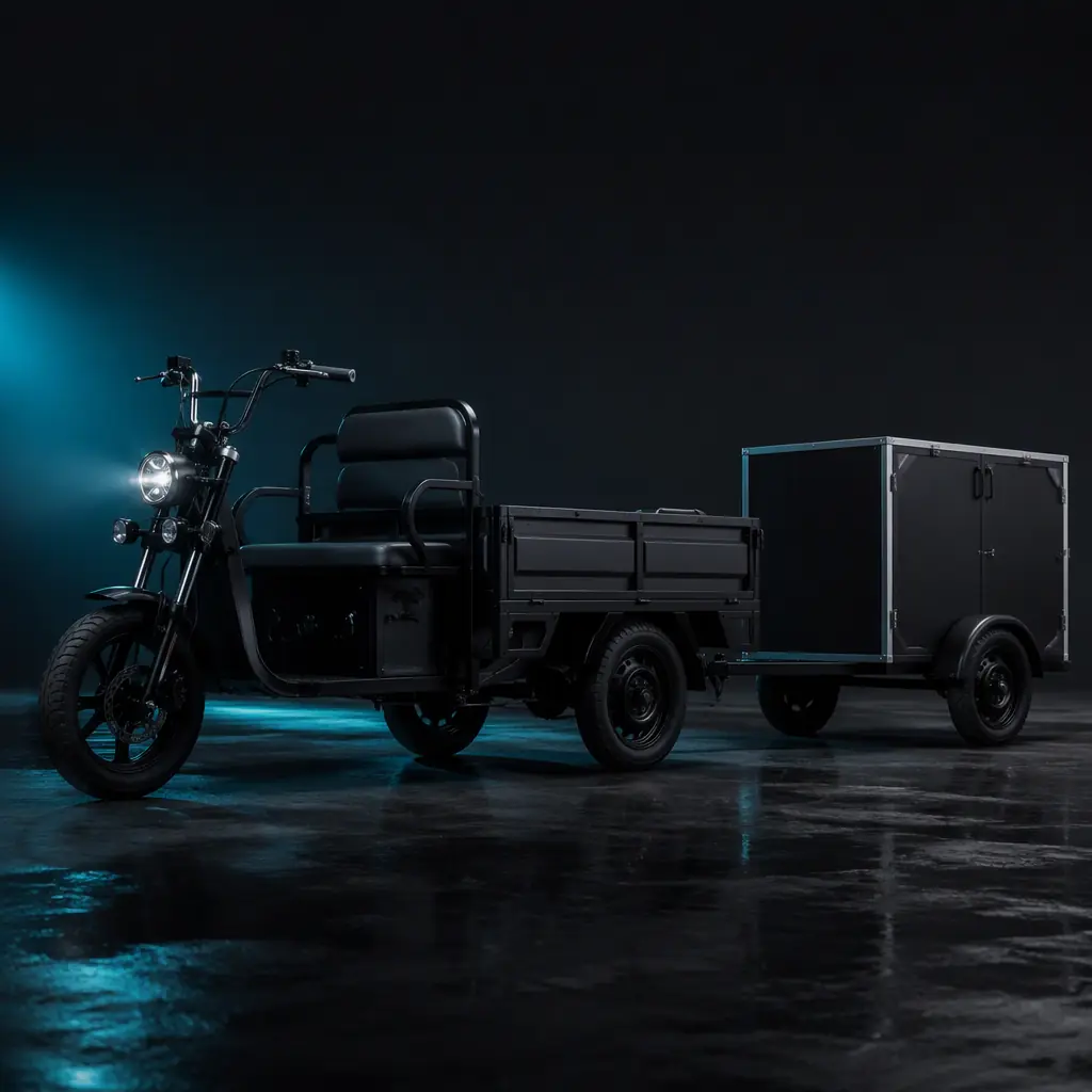 Electric cargo tricycle towing a small box trailer through an urban delivery alley