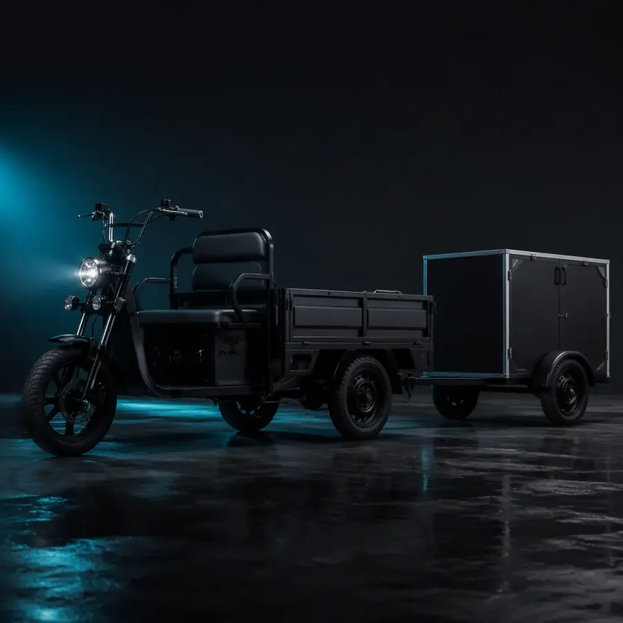 Electric cargo tricycle towing a small box trailer through an urban delivery alley
