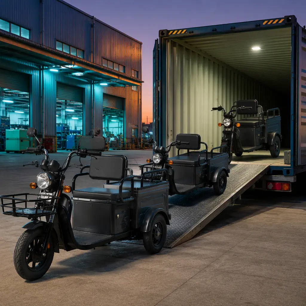Three-wheeled electric tricycles being loaded into an open shipping container at a factory dock at dusk