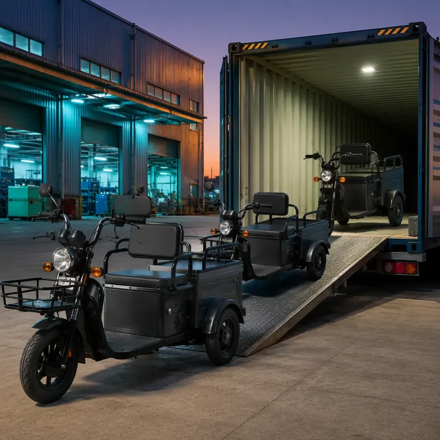 Three-wheeled electric tricycles being loaded into an open shipping container at a factory dock at dusk