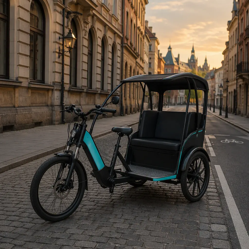 Three-wheeled electric passenger tricycle parked on a cobblestone European city street with a bicycle lane
