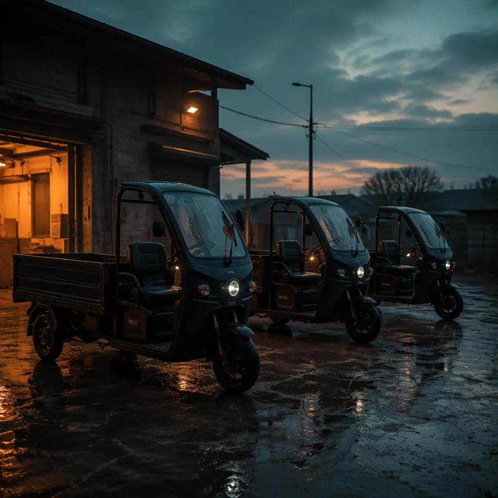 Three identical three-wheeled electric cargo tricycles parked in a row outside a rural delivery depot at dawn