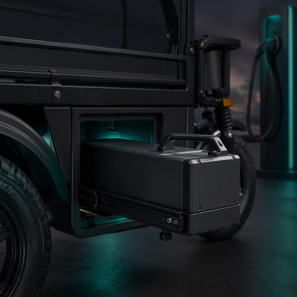Swappable lithium battery pack being slid out of an electric tricycle at a community charging station