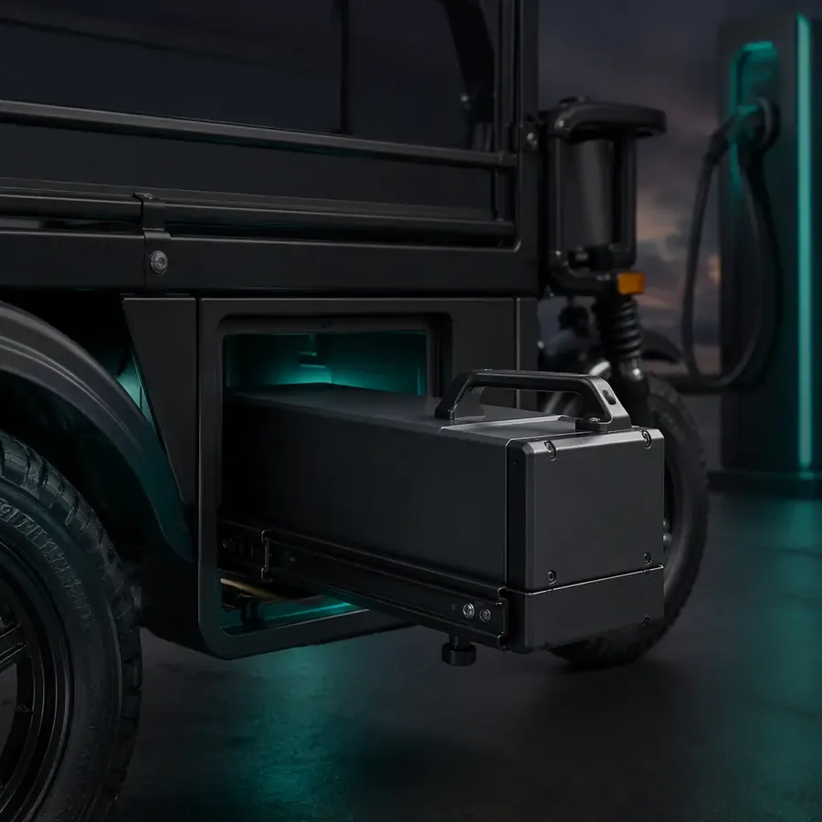 Swappable lithium battery pack being slid out of an electric tricycle at a community charging station