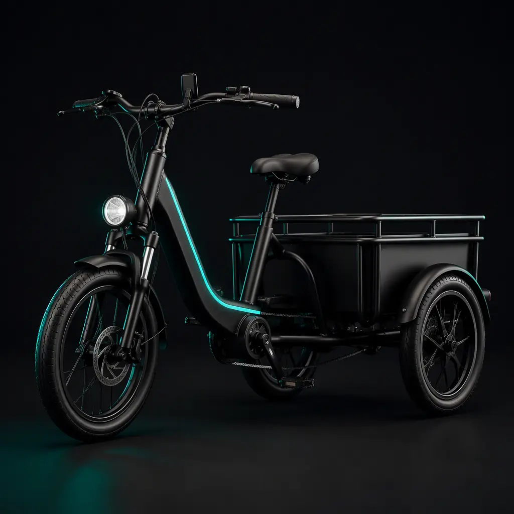 Electric cargo tricycle parked on a paved pathway in a planned retirement community with landscaped homes