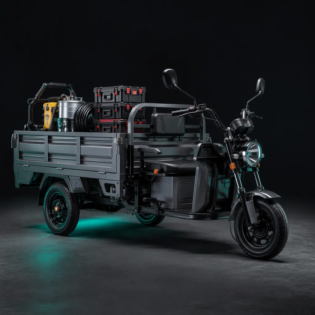 Electric cargo tricycle with a drop-side box loaded with maintenance equipment on a resort service road