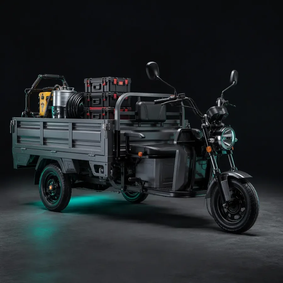 Electric cargo tricycle with a drop-side box loaded with maintenance equipment on a resort service road