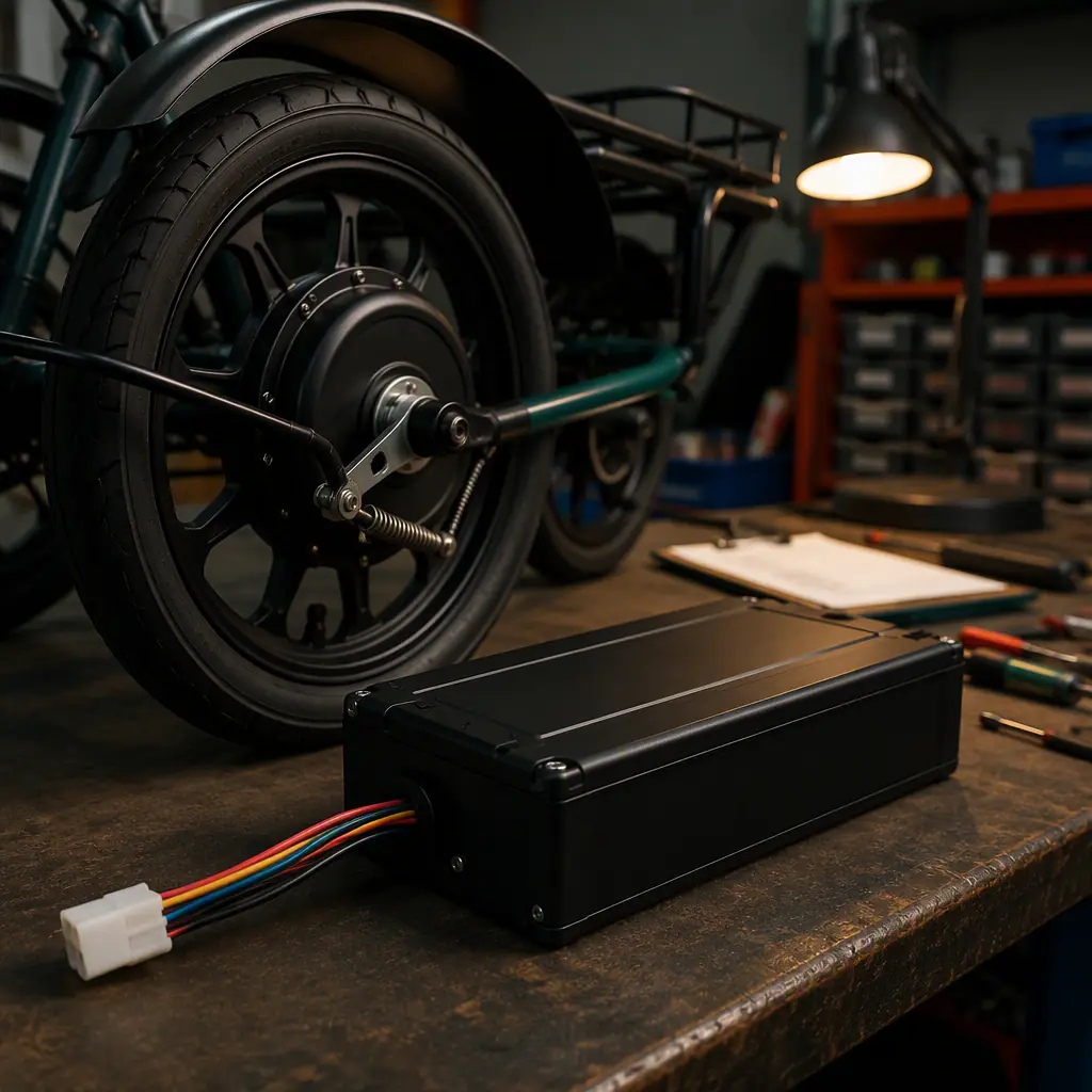 Certification documents and test reports spread on a desk next to an electric tricycle wheel and battery