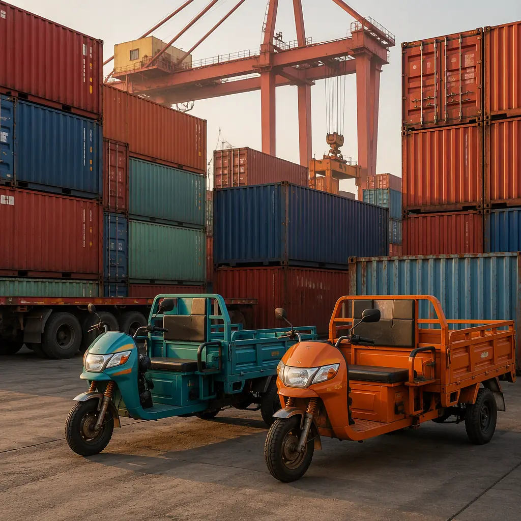 Cargo containers being loaded at a busy Chinese export port with electric vehicles in the foreground