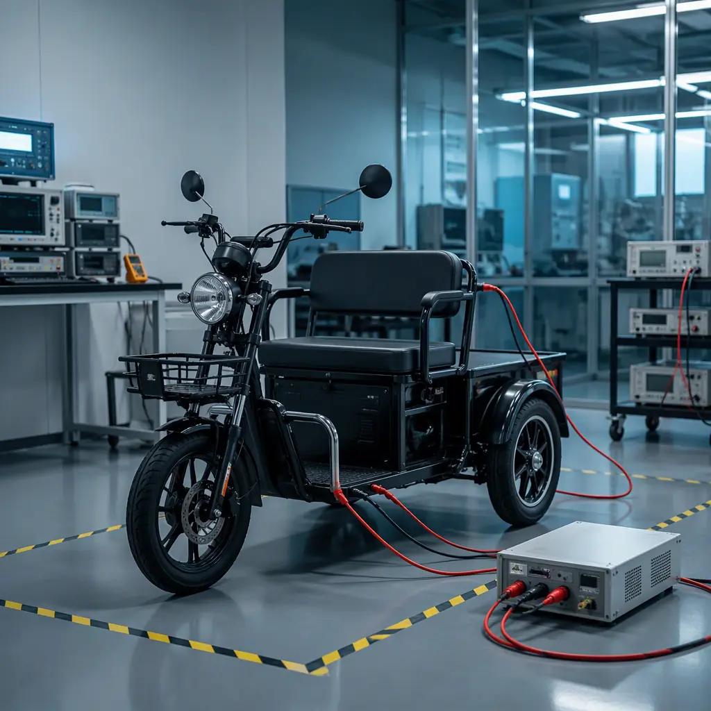 Three-wheeled electric tricycle undergoing electrical safety testing in a modern electronics laboratory with teal lighting