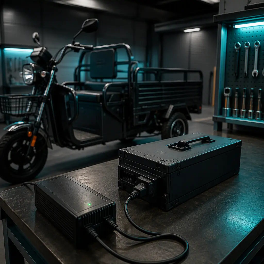Removable lithium battery pack connected to a charger on a workbench next to an electric three-wheeled tricycle