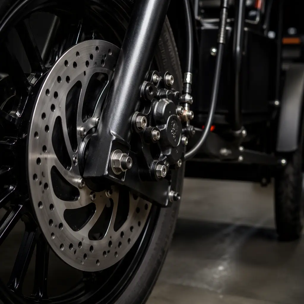 Macro shot of a hydraulic disc brake caliper and rotor on the front wheel of an electric tricycle