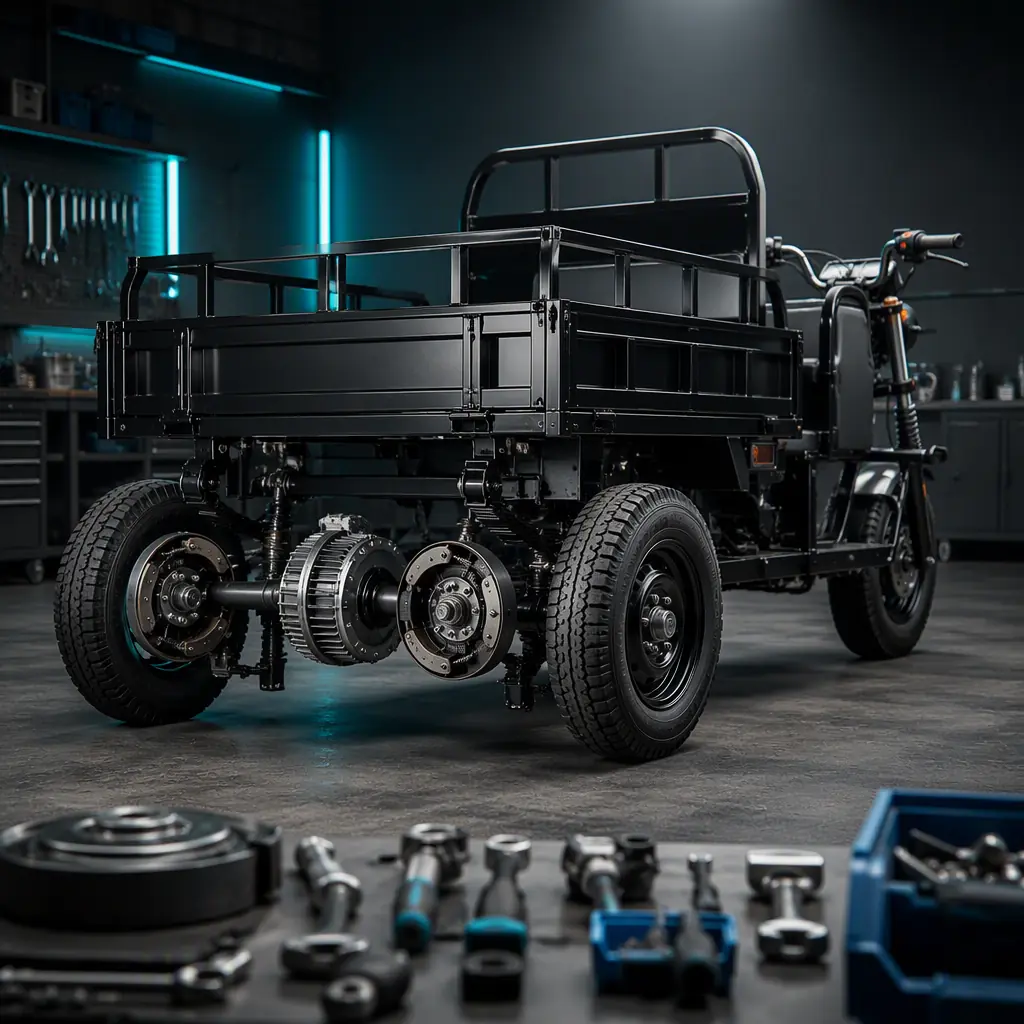 Electric three-wheeled cargo tricycle in a clean workshop with rear axle, drum brakes and hub motor visible