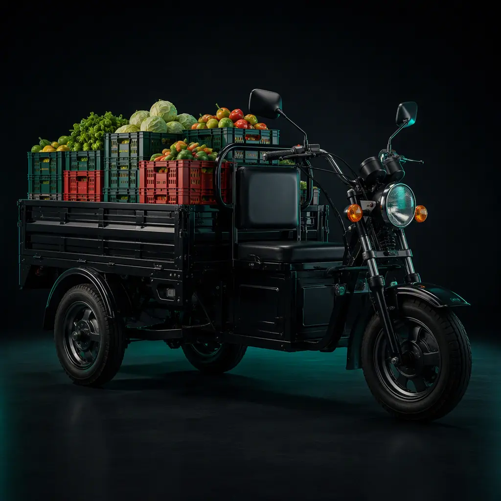 Electric cargo tricycles loaded with produce crates on a busy market street in Southeast Asia