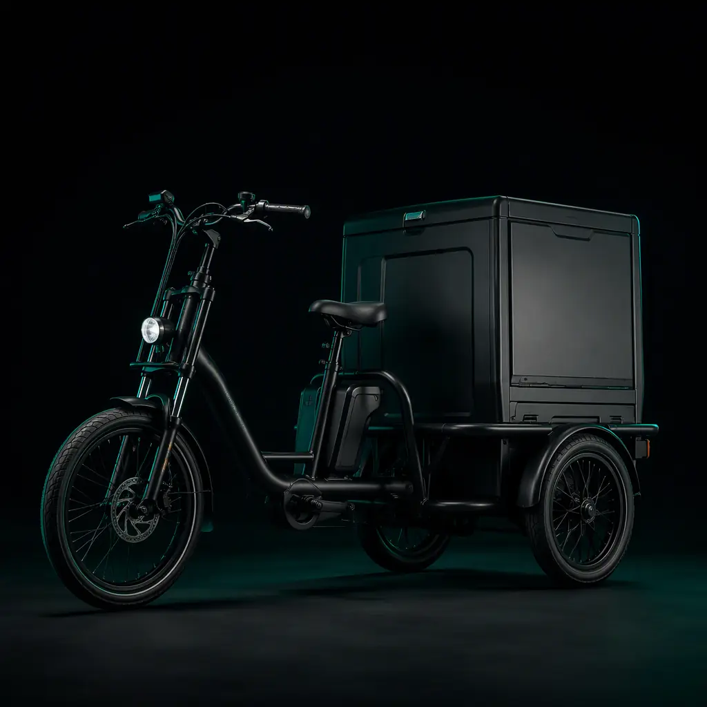 Electric cargo tricycle with an insulated delivery box on a cobbled European city street