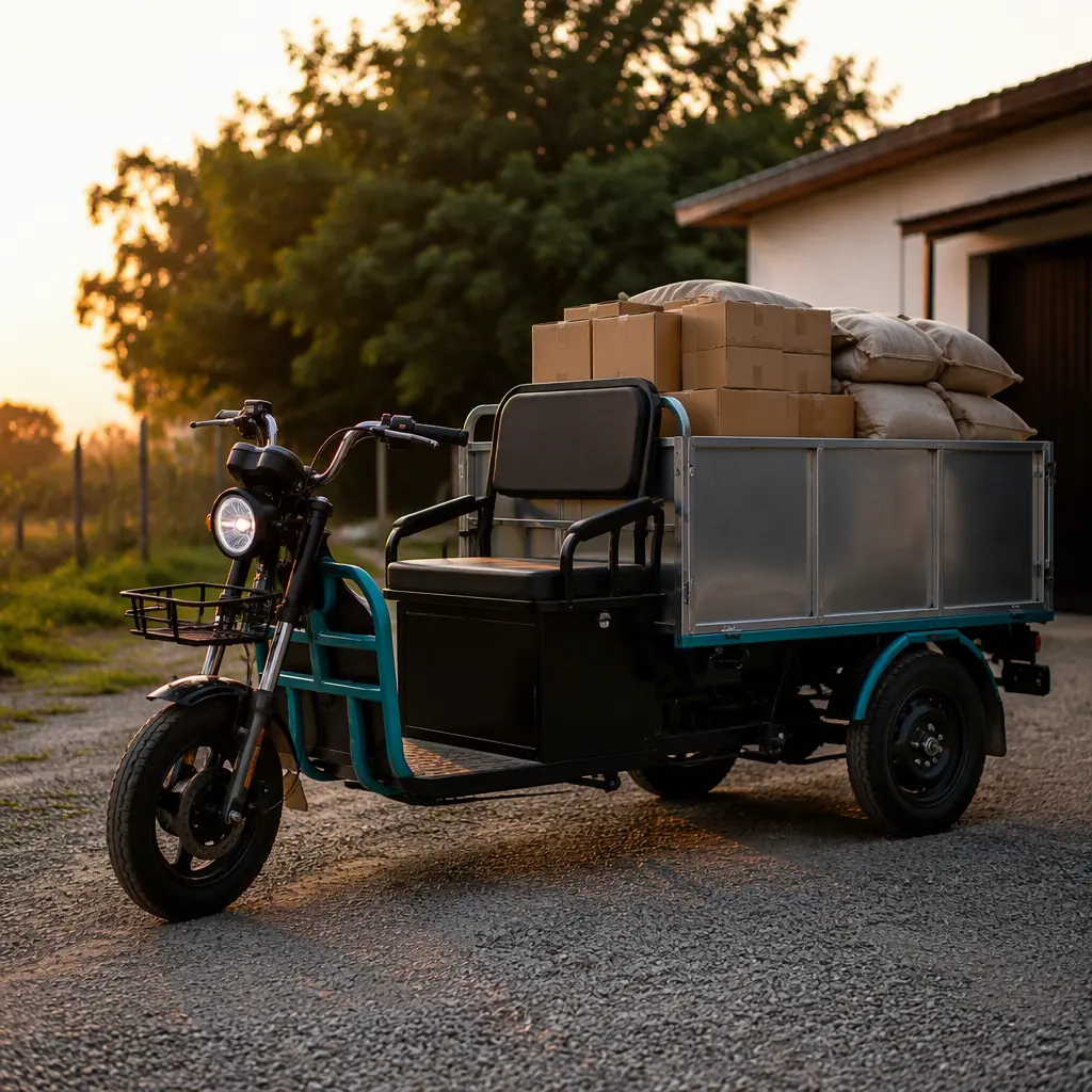 Three-wheeled electric cargo tricycle loaded with boxes and sacks on a gravel driveway at golden hour