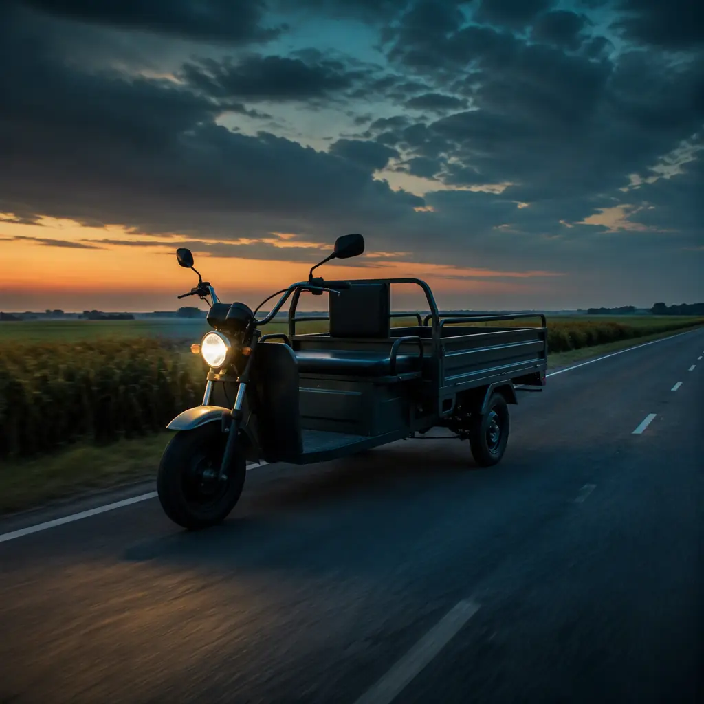 Three-wheeled electric cargo tricycle driving on an empty rural road between fields at dusk with headlight on