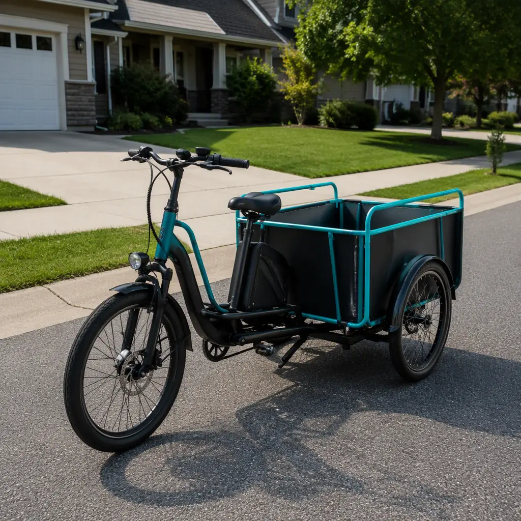 Three-wheeled electric cargo tricycle parked on a quiet suburban American street in daylight