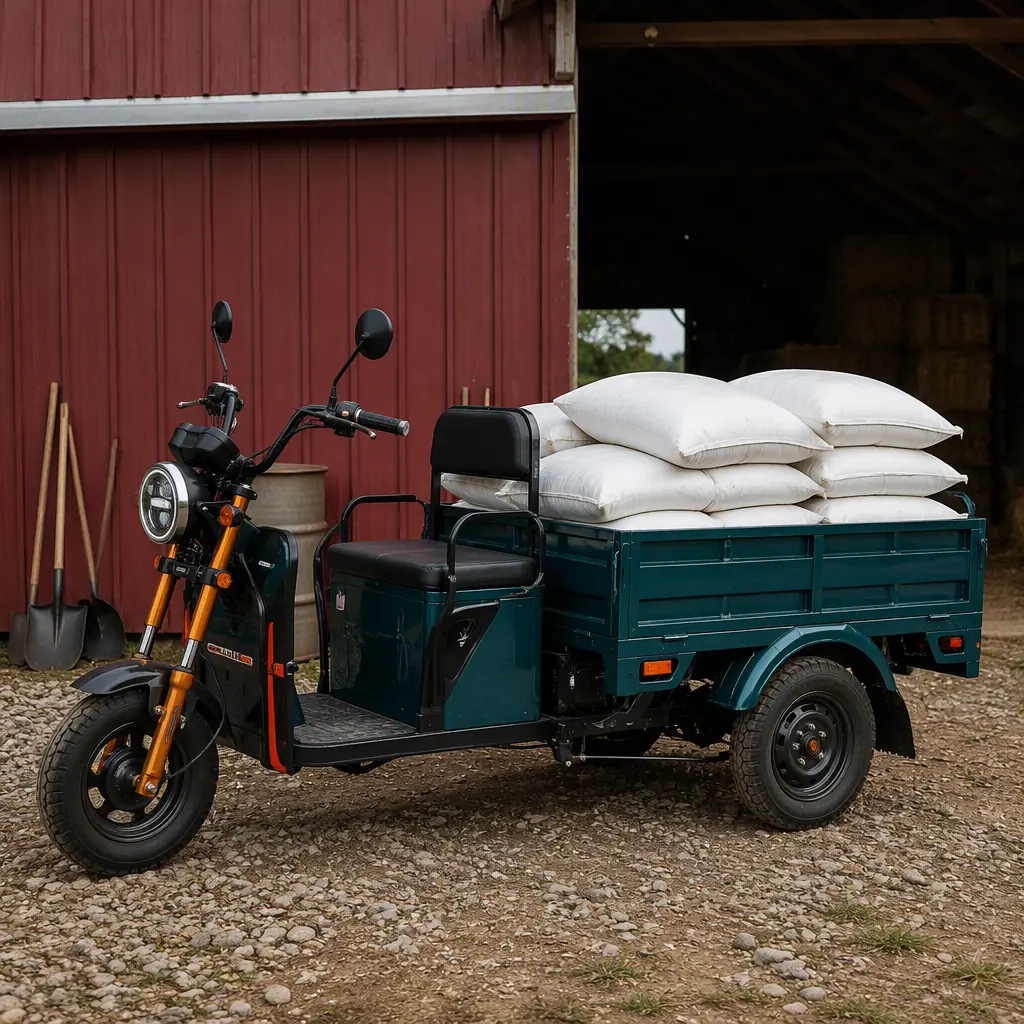 Electric cargo tricycle loaded with feed bags beside a red barn on an American farm