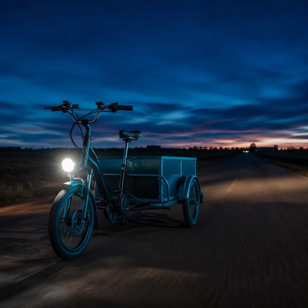 Electric tricycle driving on a quiet rural American road with LED headlight on at dusk