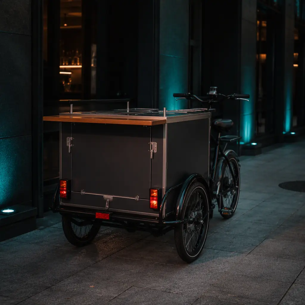 Rear view of an electric three-wheeled cargo tricycle with an insulated food service box and small counter on a city sidewalk in the evening