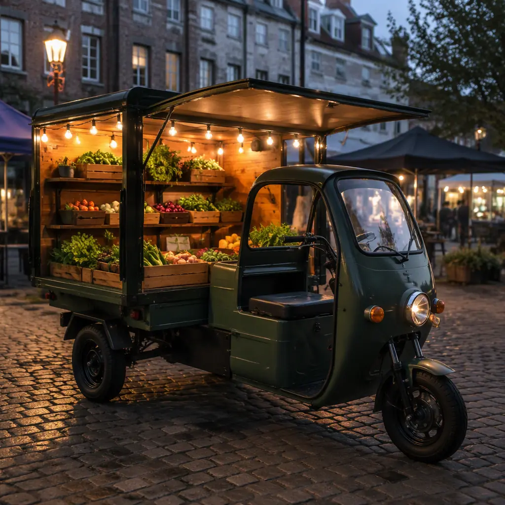 Electric three-wheeled cargo tricycle with an open display box at a farmers market with warm string lights at dusk