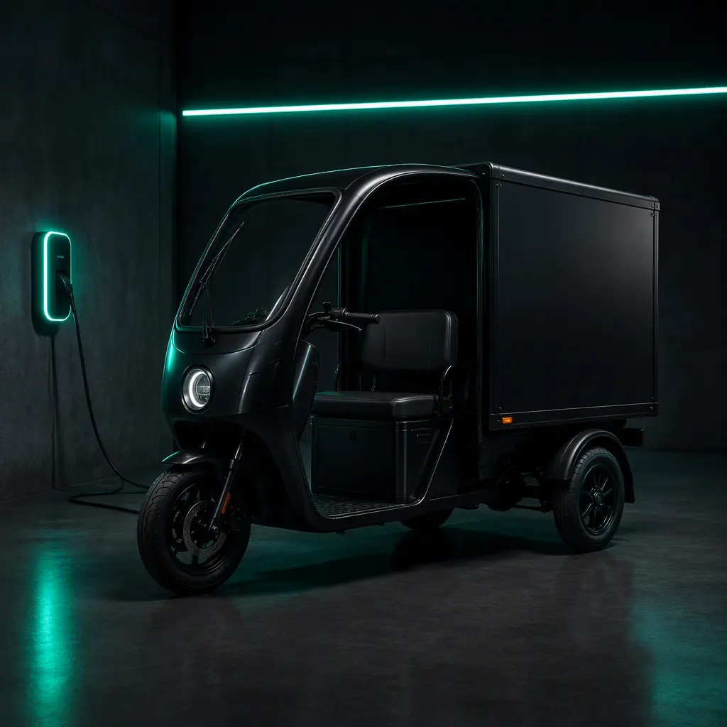 Electric cargo tricycle plugged into a wall charger in a fleet depot at night with LED lighting