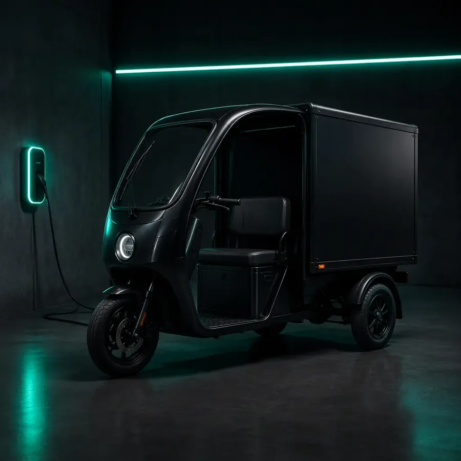 Electric cargo tricycle plugged into a wall charger in a fleet depot at night with LED lighting