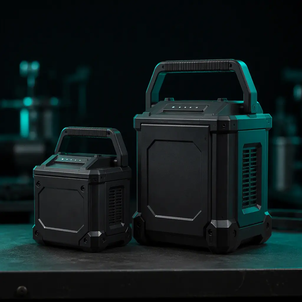 Two lithium battery packs of different sizes side by side on a dark workbench with teal rim lighting