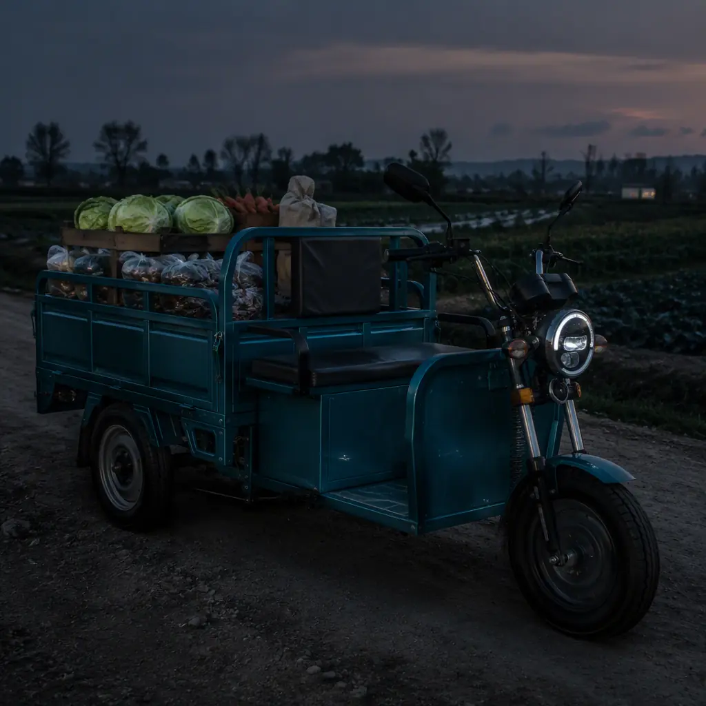 Electric three-wheeled cargo tricycle with a large loaded cargo box on a rural road at dusk