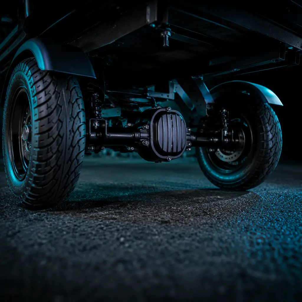 Low angle view of an electric tricycle rear axle with two wide tires showing the wide track width that provides stability