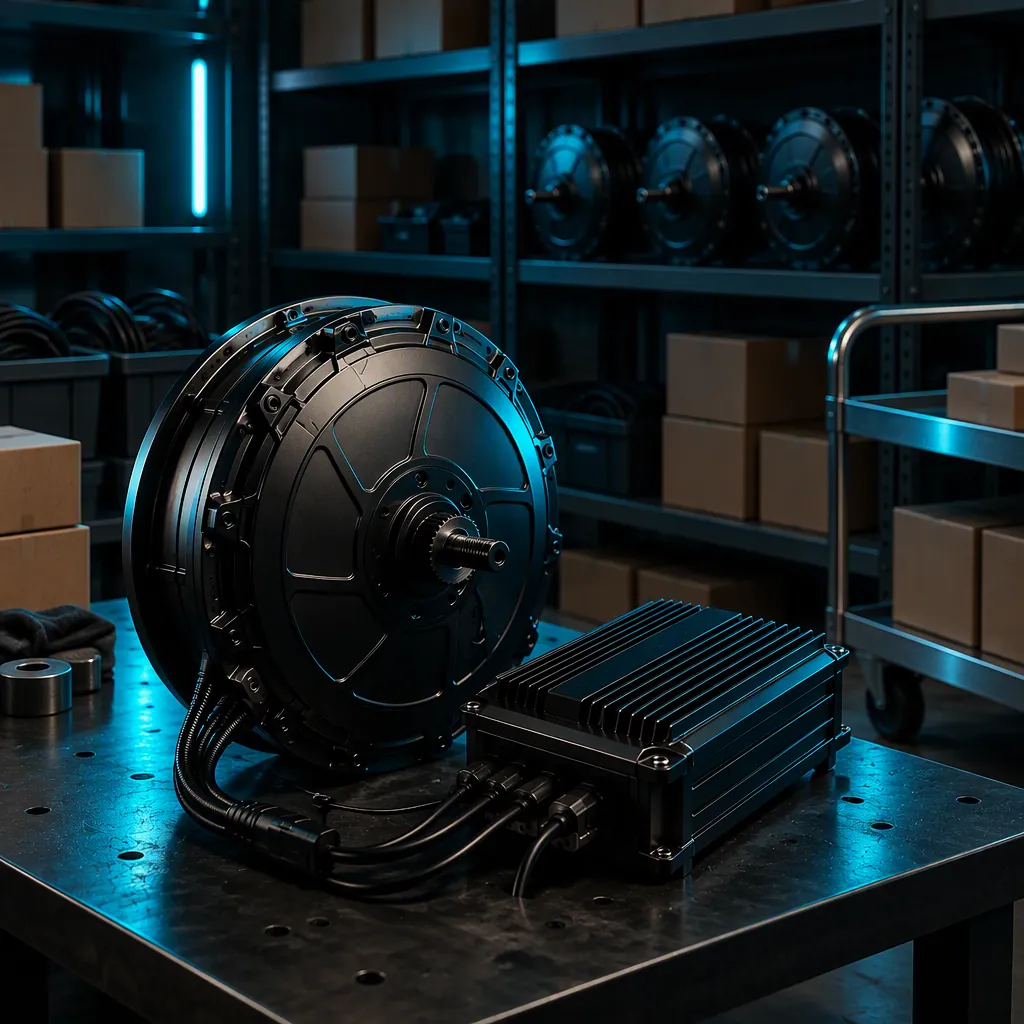 Hub motor and controller on a tyre service workshop bench being inspected and prepared for fitting