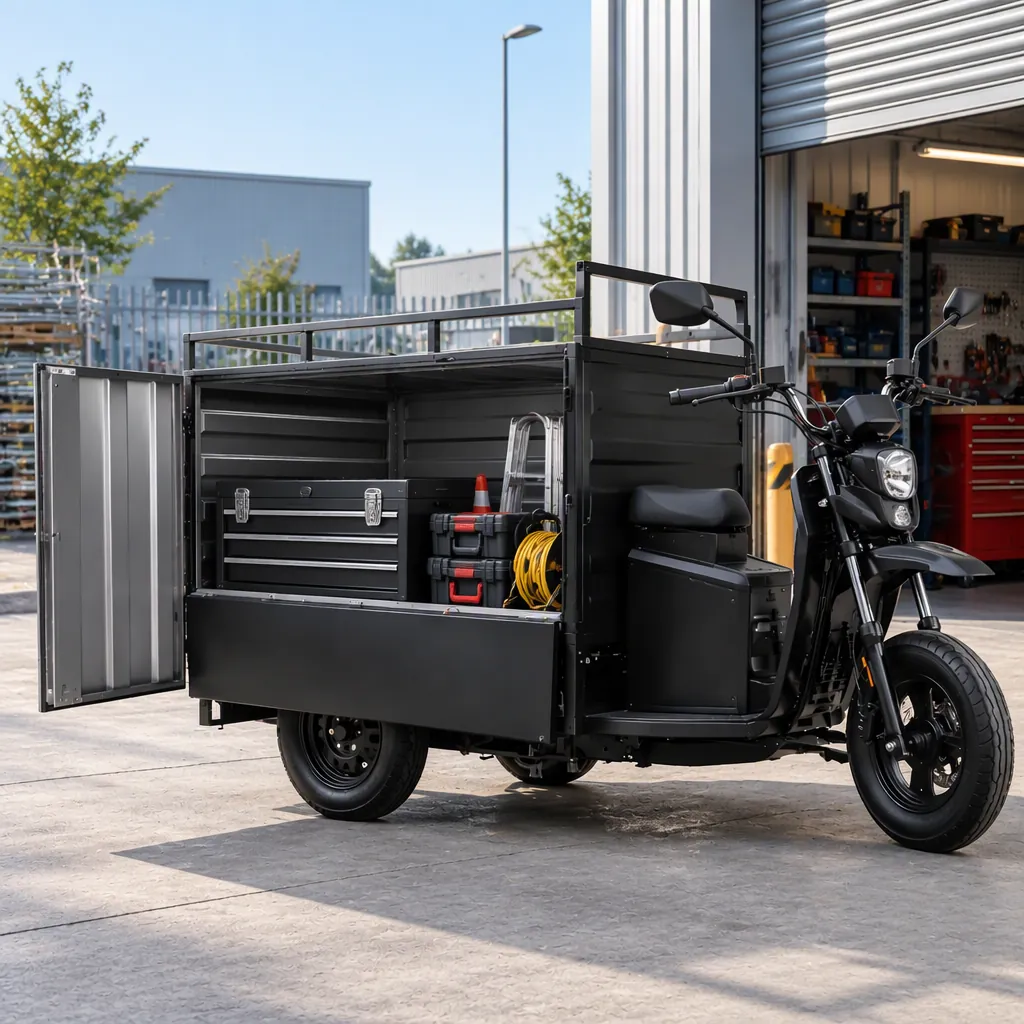 Electric cargo tricycle configured as a mobile tyre service unit with an open side-panel workshop bay