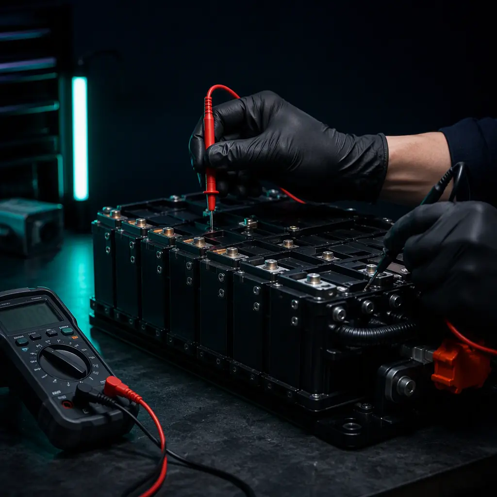 Technician testing a lithium battery pack with a multimeter on a workbench, dark workshop with teal lighting