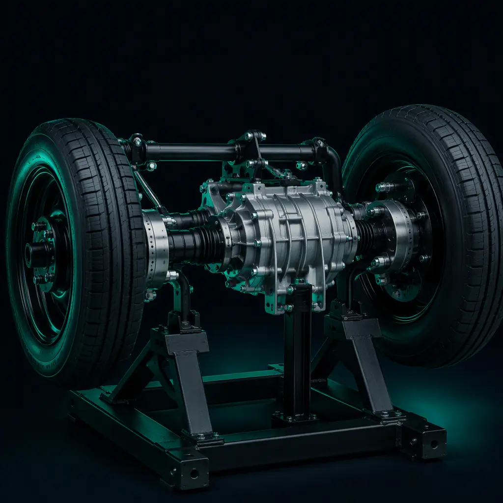 Rear differential and dual rear wheels of an electric tricycle on a workshop stand with teal rim lighting