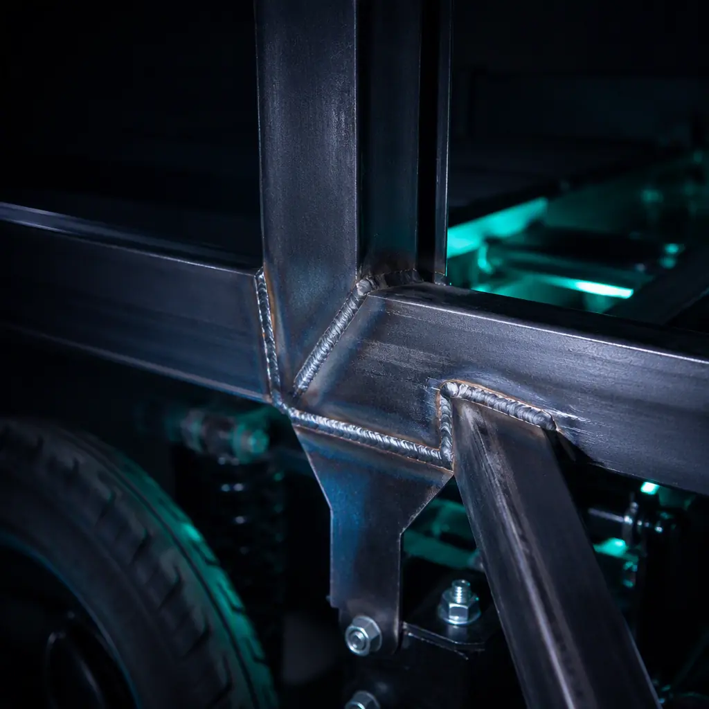 Close-up inspection of a cargo tricycle frame weld joint with a flashlight beam in a dark workshop