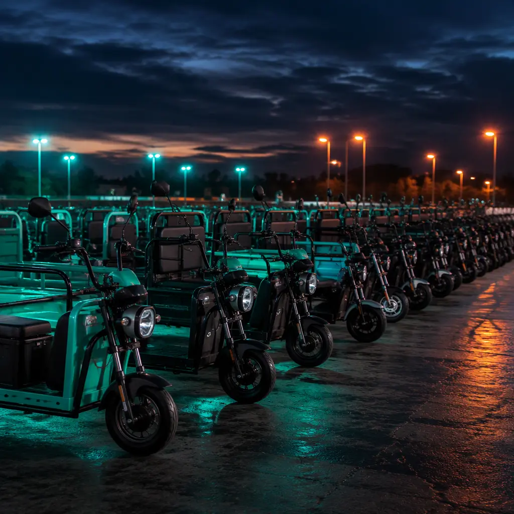 Rows of pre-owned electric tricycles for sale in a dealer lot at dusk with teal and orange accent lighting