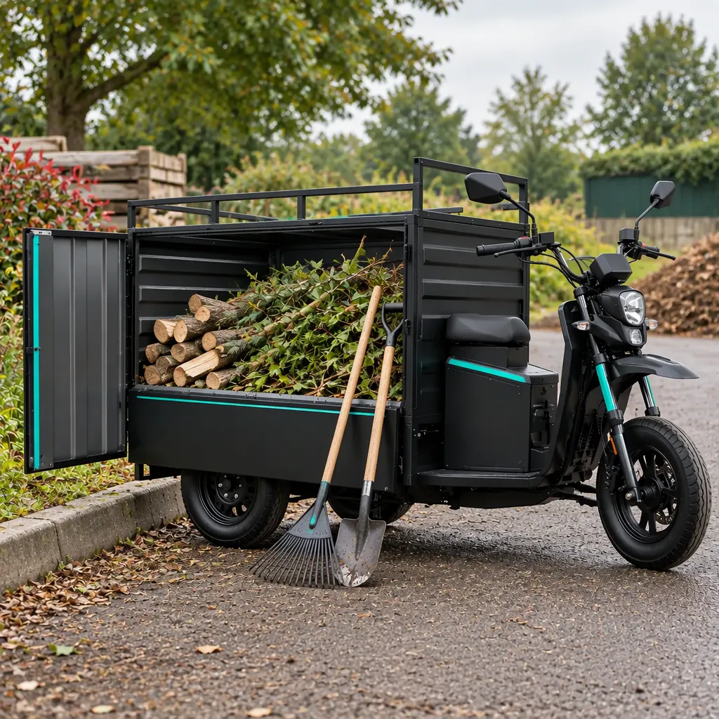 Utility work tricycle with a drop-side cargo box being loaded with tools and green waste on a gravel access road