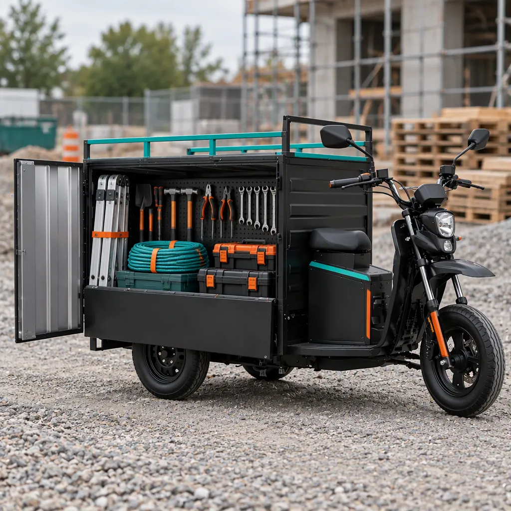 Utility work tricycle with an open cargo box carrying tools and a ladder at a contractor site