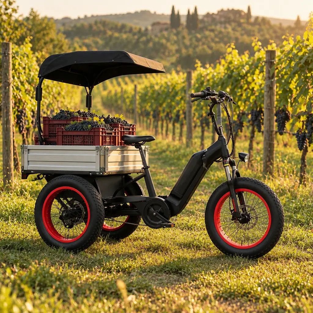 Three-wheeled electric cargo tricycle with a drop-side aluminium bed parked at the end of a vineyard row, loaded with harvest crates