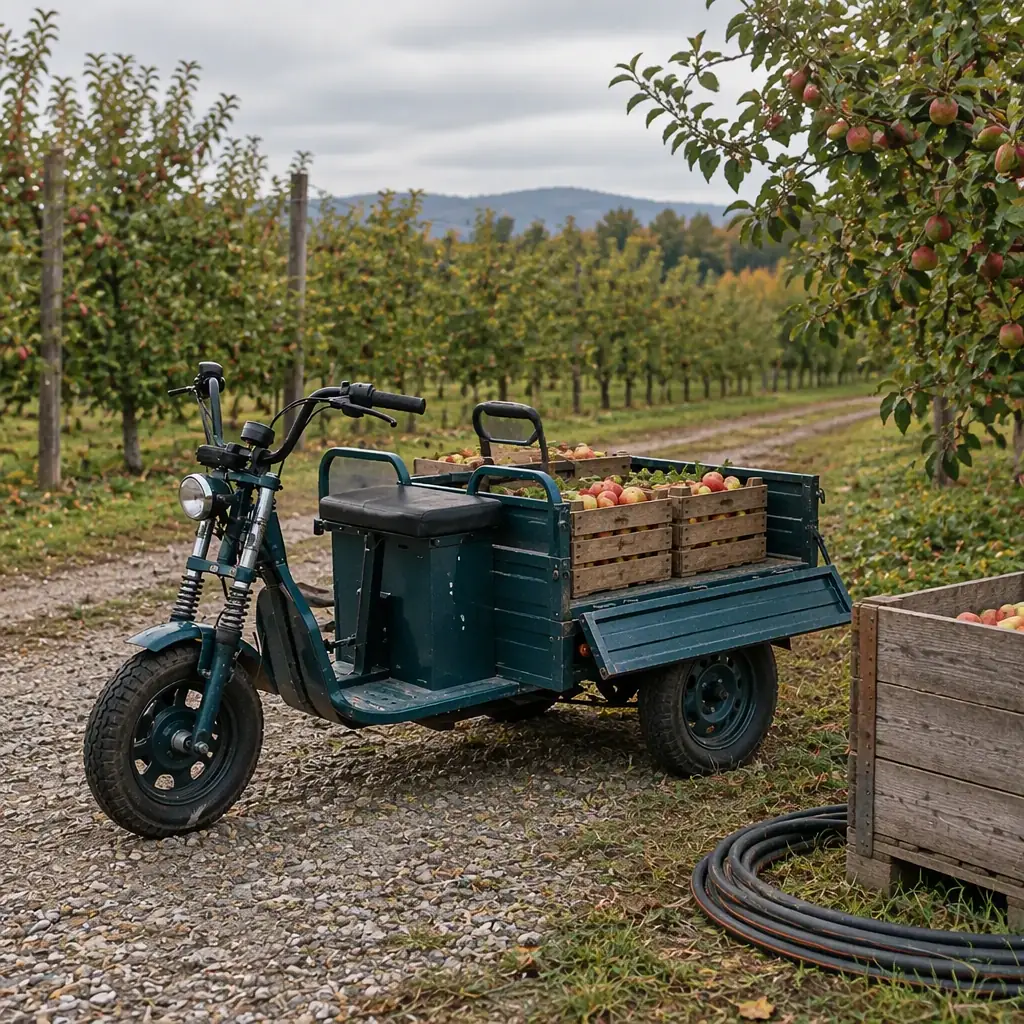 Electric cargo tricycle with a three-way drop-side bed on a grassed headland beside vine rows, positioned for unloading harvest crates