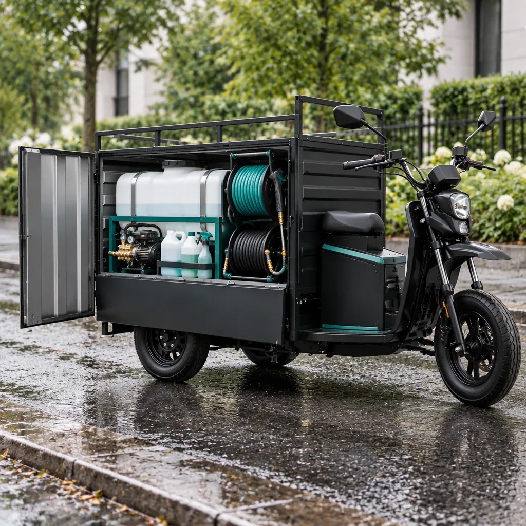 Open drop-side cargo box of a wash-spec electric tricycle showing water tank, hose reel and cleaning equipment during a mobile wash job