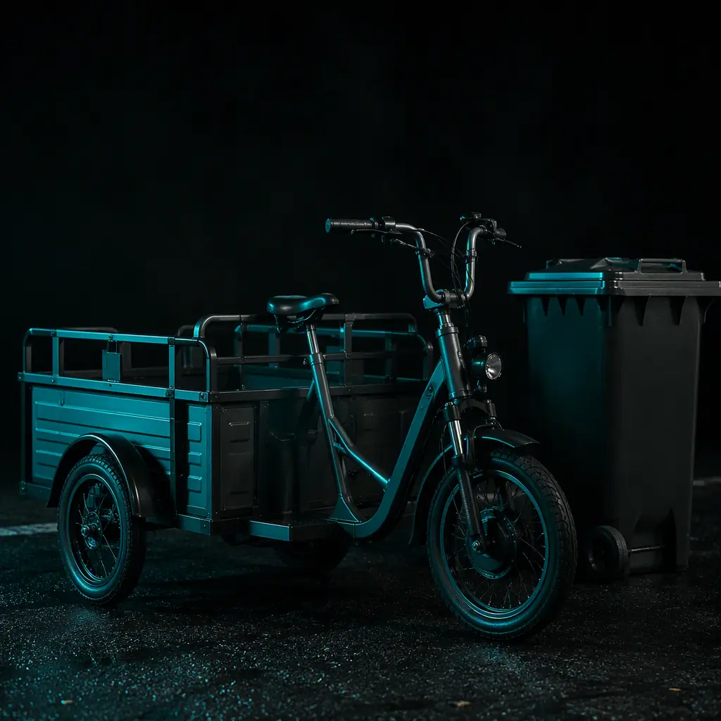 Three-wheeled electric cargo tricycle with two rear wheels parked beside a large waste bin on a dark street, teal rim lighting