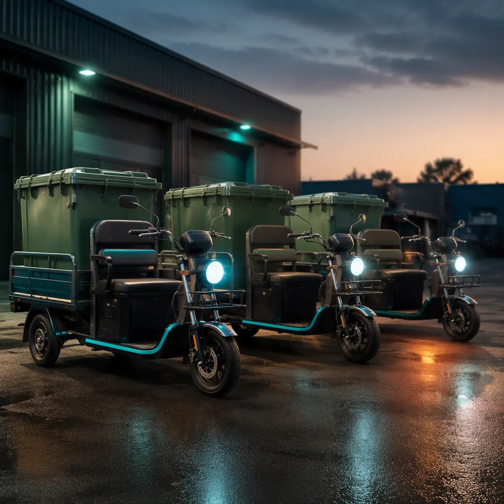Row of three-wheeled electric cargo tricycles with waste bins lined up at a municipal depot at dusk, teal and orange accent lighting