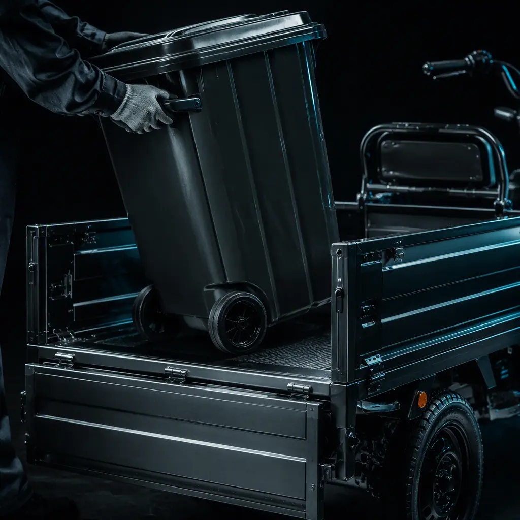 Close-up of a worker's gloved hands lifting a wheeled waste cart onto the steel cargo deck of an electric cargo tricycle, dark background with teal accent light